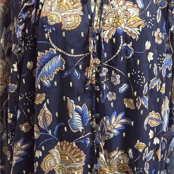 Tamara H. BLUE AND GOLD Floral Print Sheer sleeve Peasant‎ Blouse Plus Size 3X - Picture 7 of 10